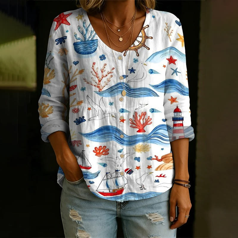 Ocean Time Print Button V-neck A-line Long Sleeve Blouse - White - 4XL - image 1