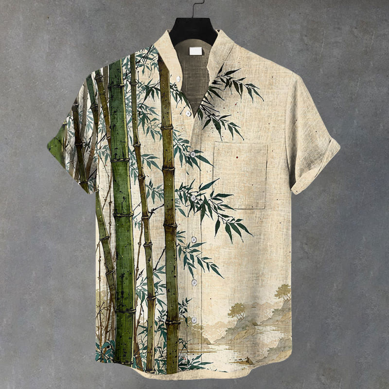 Men Vintage Bamboo Grove Pattern Art Print Casual Short Sleeve Shirt - Apricot - 5XL - image 1