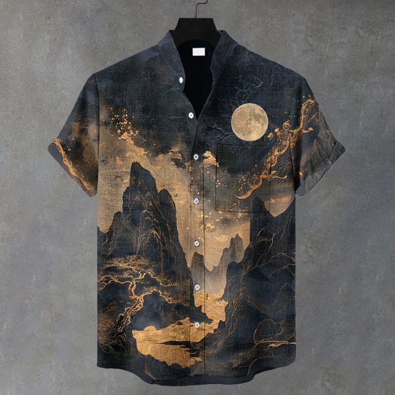 Men Japanese Mountain Mythology Pattern Art Print Casual Short Sleeve Shirt - Black - 5XL - image 1