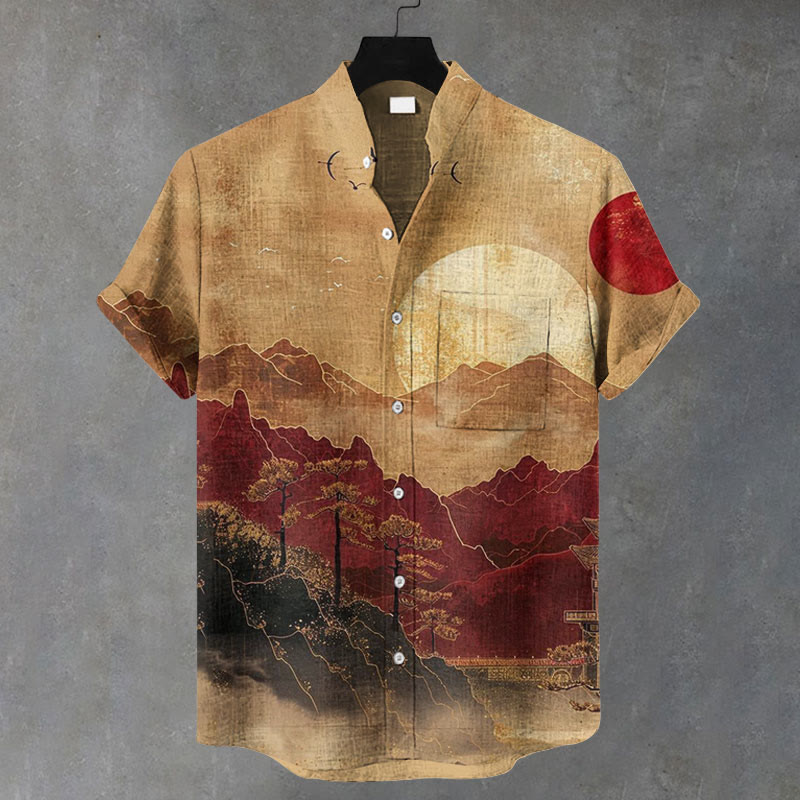 Men Japanese Mountains And Sunset Pattern Art Print Casual Short Sleeve Shirt - Apricot - 5XL - image 1