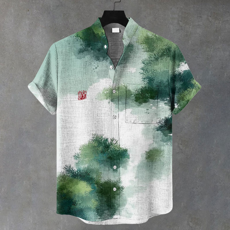 Men Japanese Vintage Watercolor Botanicals Pattern Art Print Casual Short Sleeve Shirt - Green - 5XL - image 1