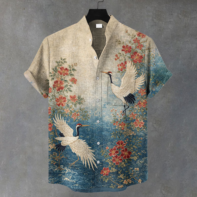 Men Japanese Vintage Crane Flowers Pattern Art Print Casual Short Sleeve Shirt - Blue - 5XL - image 1