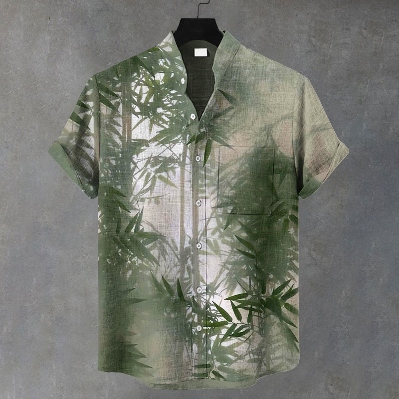 Men Lush Bamboo Forest Pattern Art Print Casual Short Sleeve Shirt - Green - 5XL - image 1