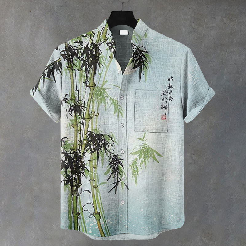 Men Bamboo And Poetry Pattern Art Print Casual Short Sleeve Shirt - Light Blue - 5XL - image 1