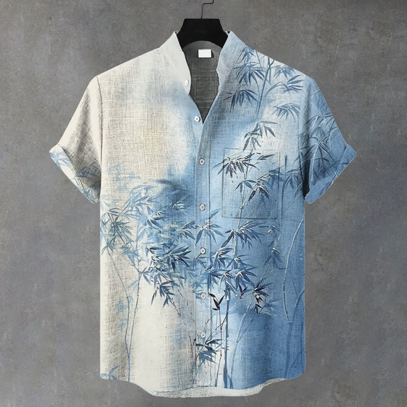 Men Snow-covered Bamboo Pattern Art Print Casual Short Sleeve Shirt - Light Blue - 5XL - image 1