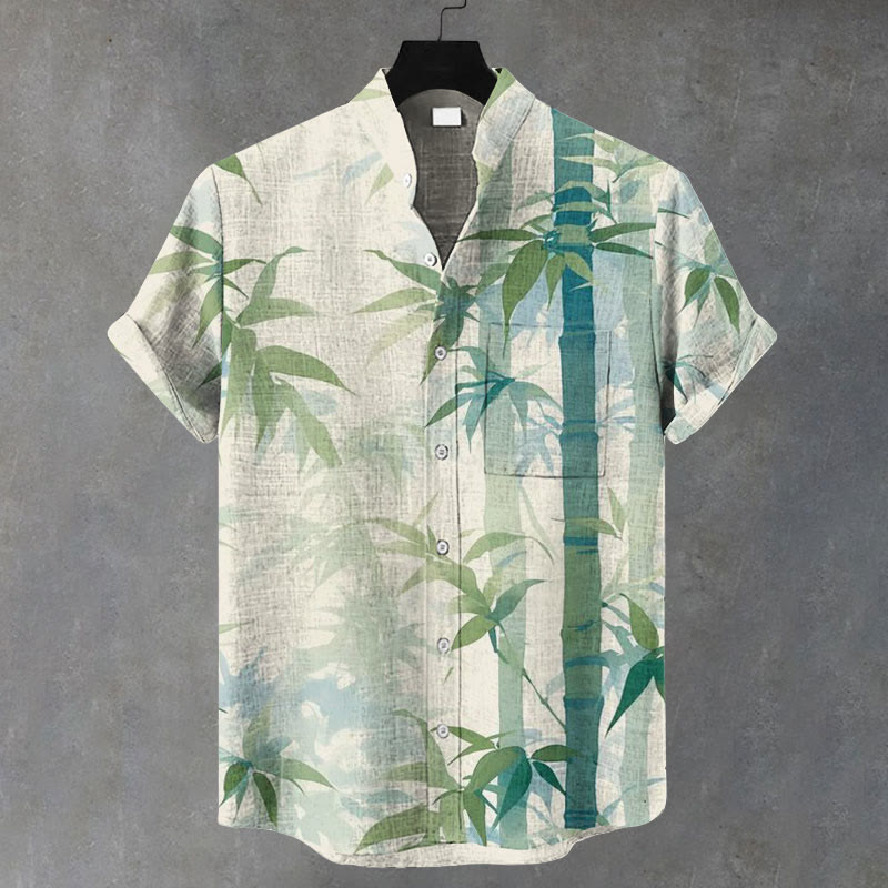 Men Watercolor Bamboo Pattern Art Print Casual Short Sleeve Shirt - Apricot - 5XL - image 1