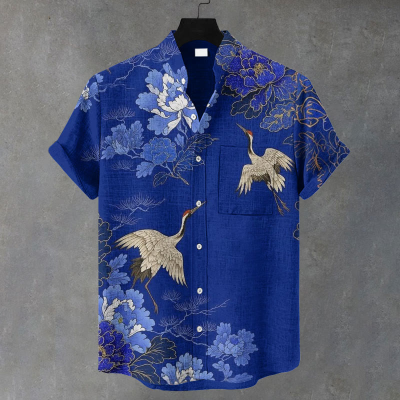 Men Vintage Peonies And Cranes Pattern Art Print Casual Short Sleeve Shirt - Royal Blue - 5XL - image 1