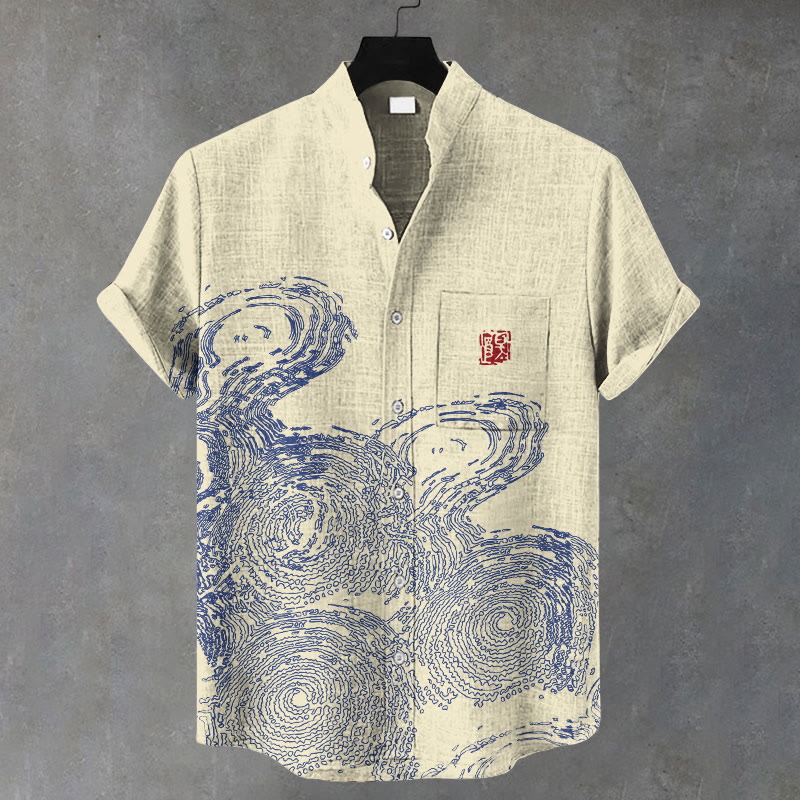 Men Japanese Hand-drawn Water Ripples Pattern Art Print Casual Short Sleeve Shirt - Apricot - 5XL - image 1