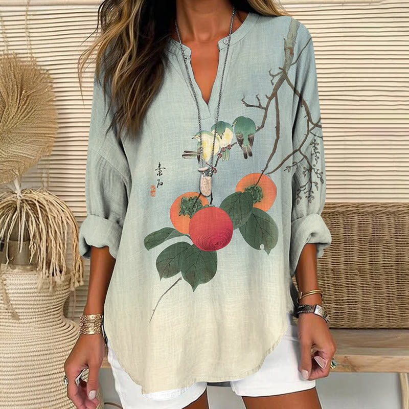 Japanese Vintage Three Birds And A Fruit Tree Pattern Print V Neck Long Sleeve Blouse - Light Blue - 8XL - image 1