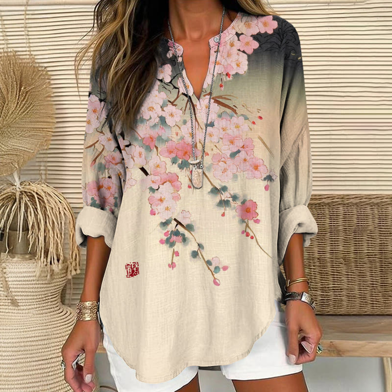 Japanese Sakura Ink Wash Gradient Pattern Print V Neck Long Sleeve Blouse - Apricot - 8XL - image 1