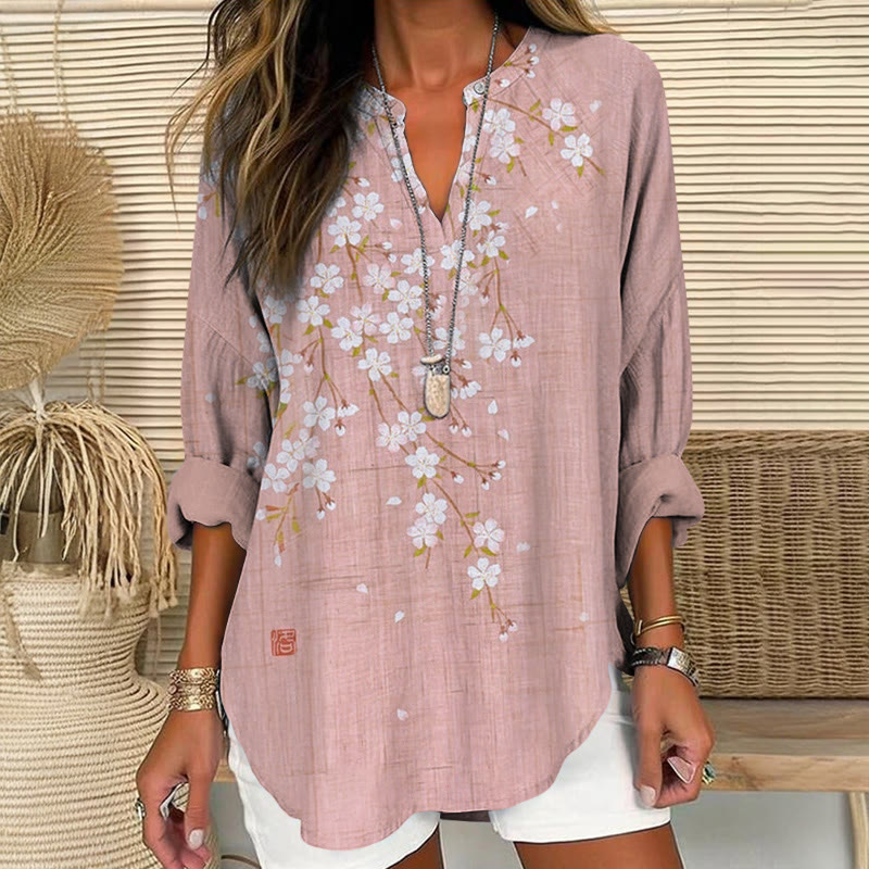 Japanese  Cherry Blossoms Fall Prints Pattern Print V Neck Long Sleeve Blouse - Pink - 8XL - image 1
