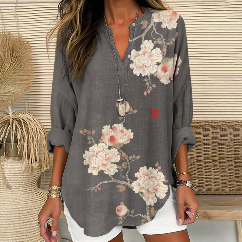Japanese Vintage Peony Prints Pattern Print V Neck Long Sleeve Blouse - Grey - 8XL - image 1