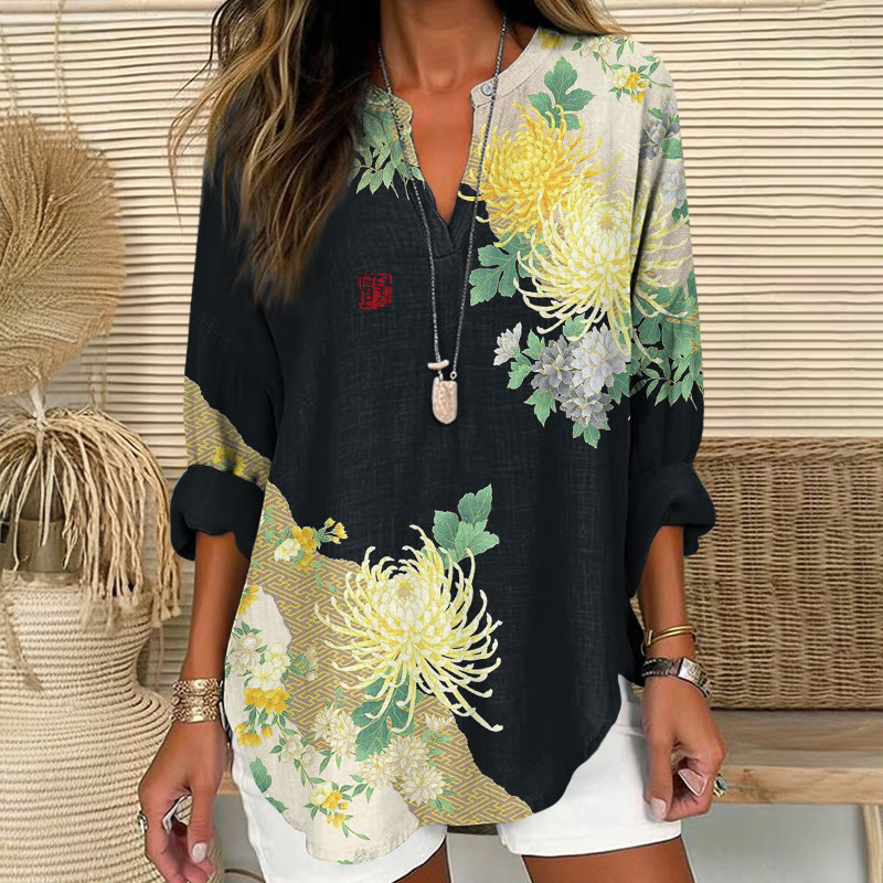 Japanese Vintage Chrysanthemum Kiomono Print Pattern V Neck Long Sleeve Blouse - Black - 8XL - image 3