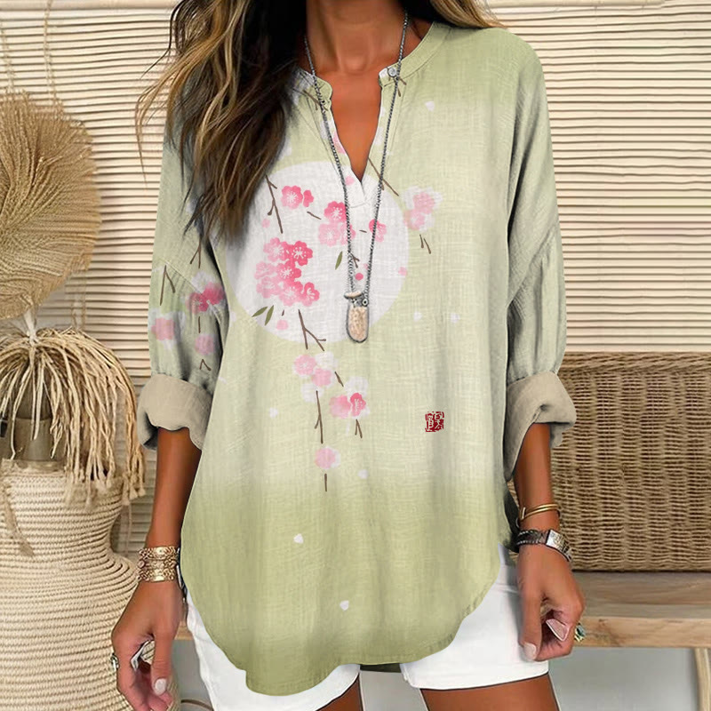 Japanese Sakura Gradient Print Pattern V Neck Long Sleeve Blouse - Light Green - 8XL - image 1