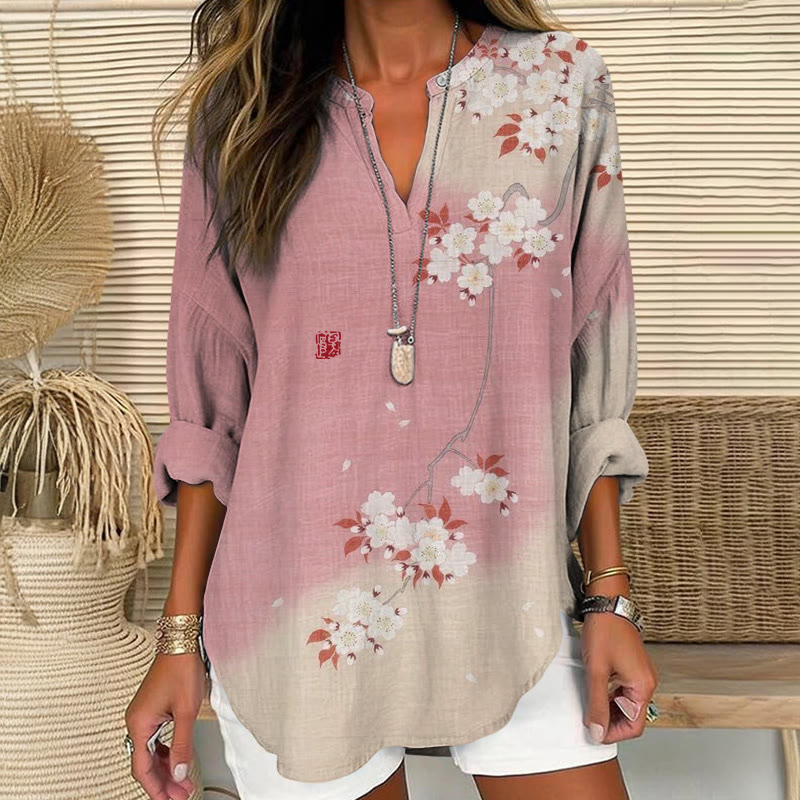 Japanese Romantic Cherry Blossom Gradient Print Pattern V Neck Long Sleeve Blouse - Pink - 8XL - image 1
