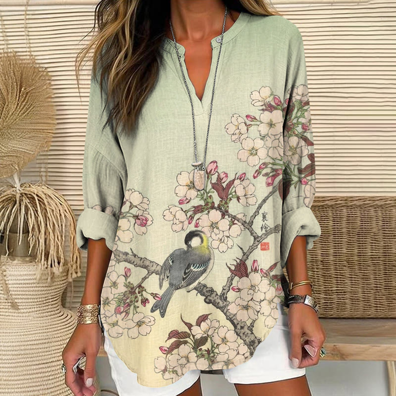 Japanese Cherry Blossom Woodblock Print Pattern V Neck Long Sleeve Blouse - Light Green - 8XL - image 1