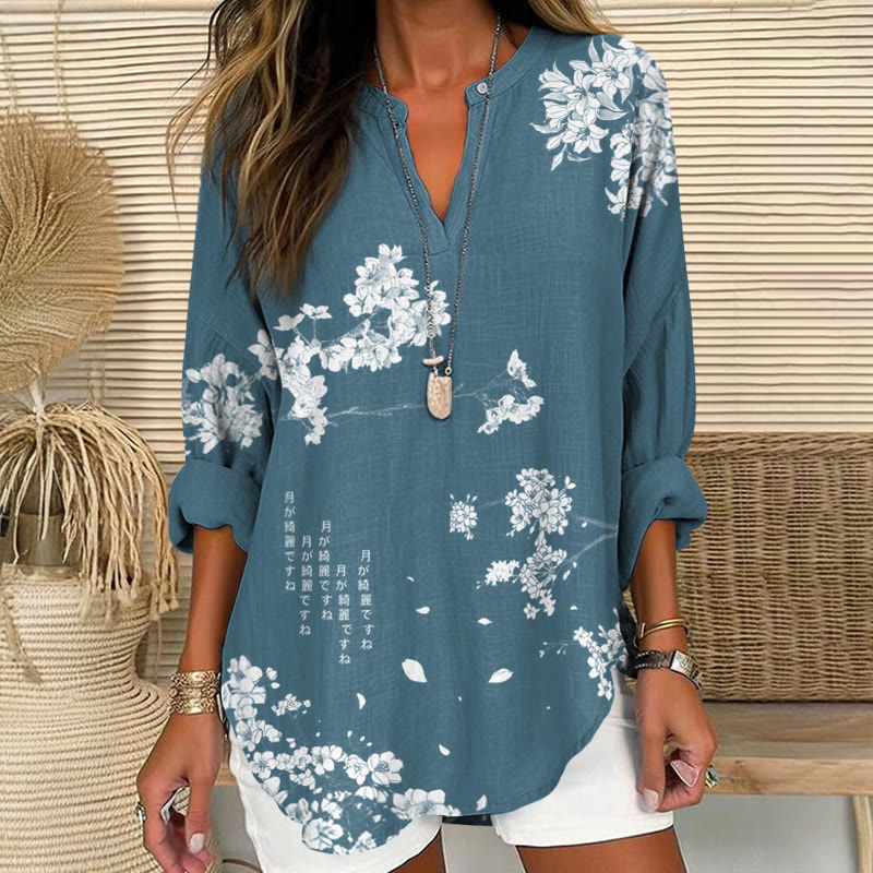 Japanese Lilies And Cherry Blossoms Print Pattern V Neck Long Sleeve Blouse - Blue - 8XL - image 1