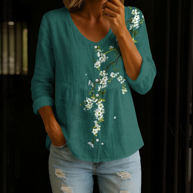 Simple Floral Art Print Button V-neck A-line Long Sleeve Blouse - Green - 4XL - image 1
