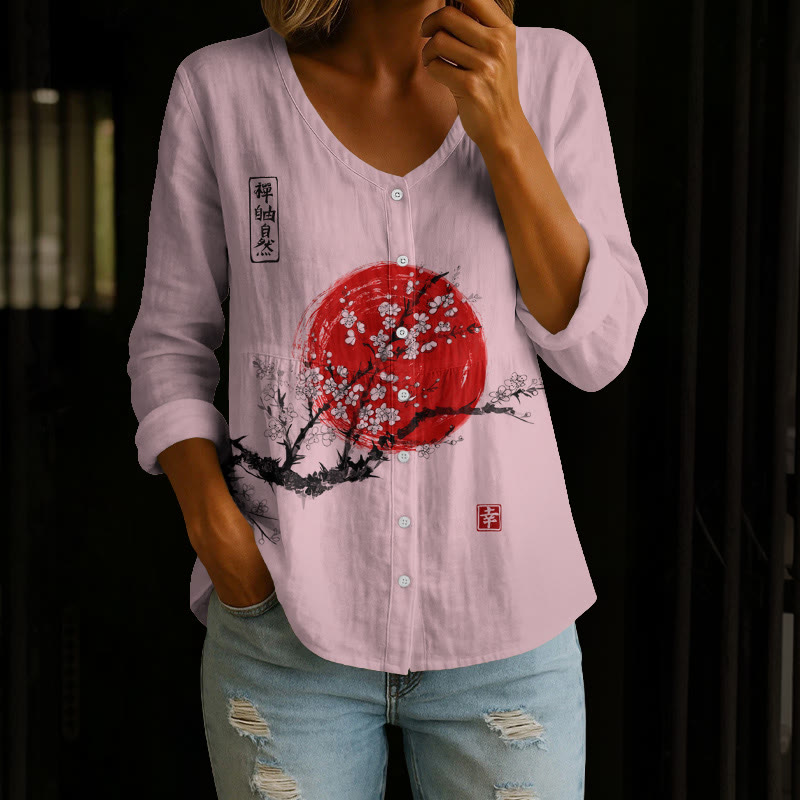 Women's Sunrise Japanese Art Print Button V-neck A-line Long Sleeve Blouse - Pink - 4XL - image 2