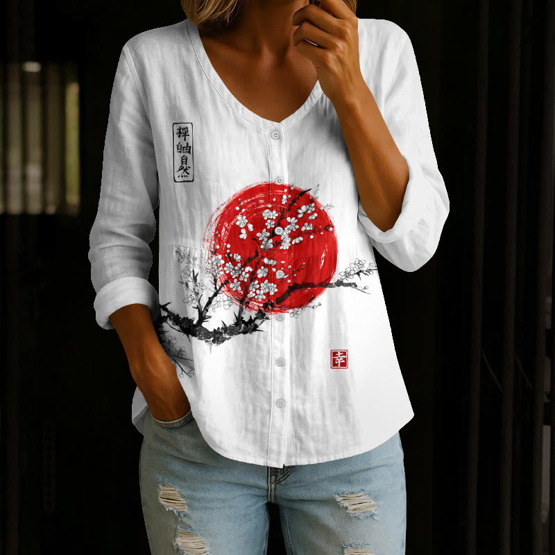 Women's Sunrise Japanese Art Print Button V-neck A-line Long Sleeve Blouse - White - 4XL - image 1