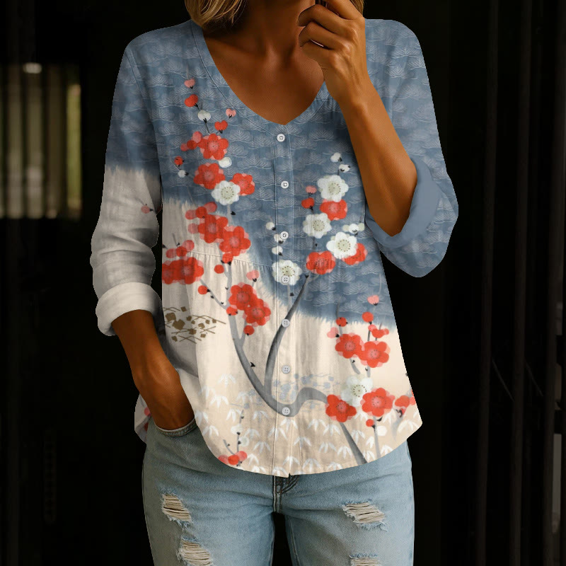 Japanese Art Cherry Blossom Print Button V-neck A-line Long Sleeve Blouse - Khaki - 4XL - image 1