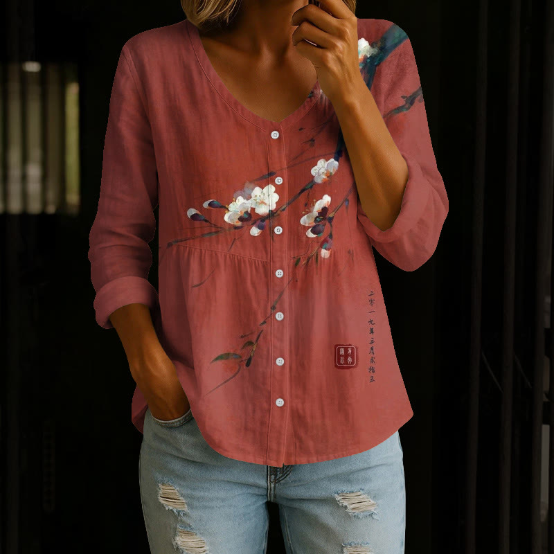 Vintage Plum Blossom Art Print Button V-neck A-line Long Sleeve Blouse - Red - 4XL - image 1