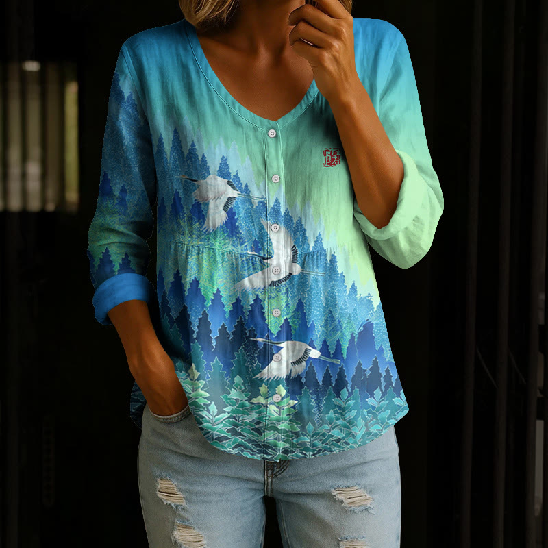 Japanese Classical Mountains And Cranes Pattern Print Button V-neck A-line Long Sleeve Blouse - Light Blue - 4XL - image 1