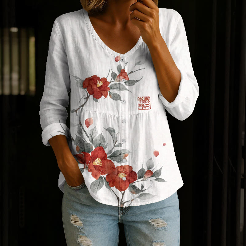 Japanese Watercolor Camellia Pattern Print Button V-neck A-line Long Sleeve Blouse - White - 4XL - image 1