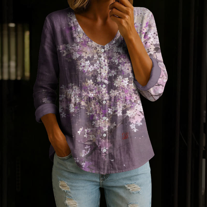 Japanese Sakura Cherry Blossom Art Pattern Print Button V-neck A-line Long Sleeve Blouse - Purple - 4XL - image 1