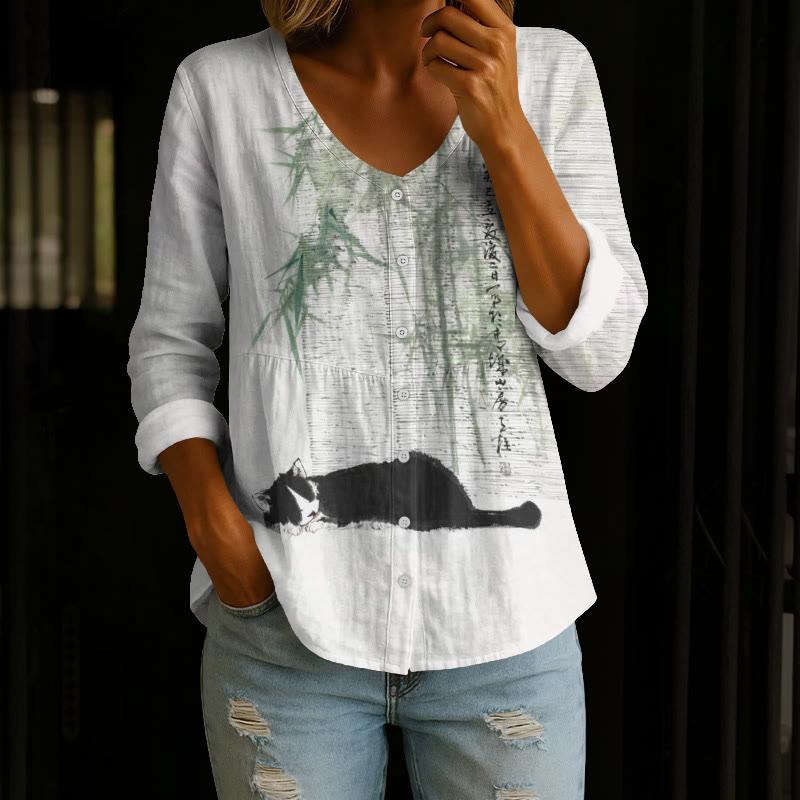 Vintage Bamboo Cat Sleeping Pattern Print Button V-neck A-line Long Sleeve Blouse - White - 4XL - image 1