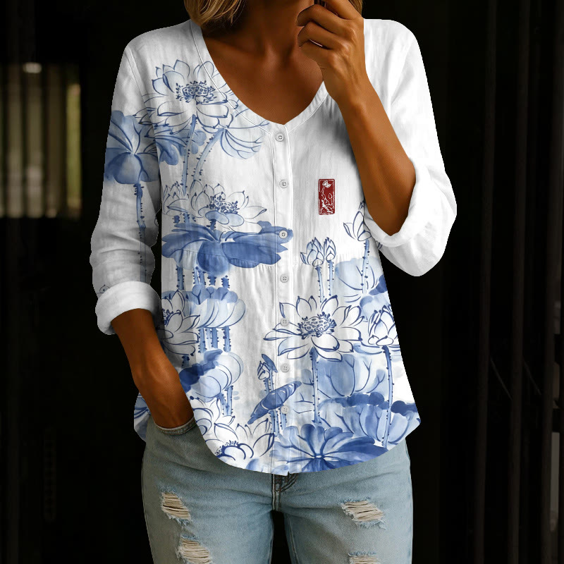 Vintage Blue White Porcelain Lotus Flower Art Pattern Print Button V-neck A-line Long Sleeve Blouse - White - 4XL - image 2