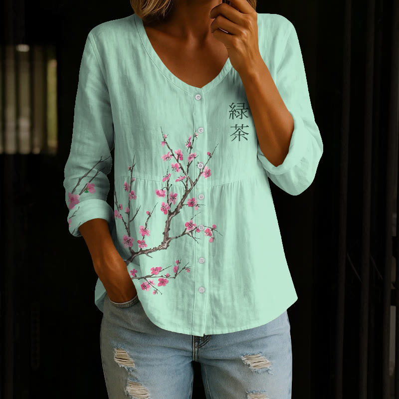 Japanese Sakura Cherry Blossoms Art Patterns Print Button V-neck A-line Long Sleeve Blouse - Light Green - 4XL - image 1