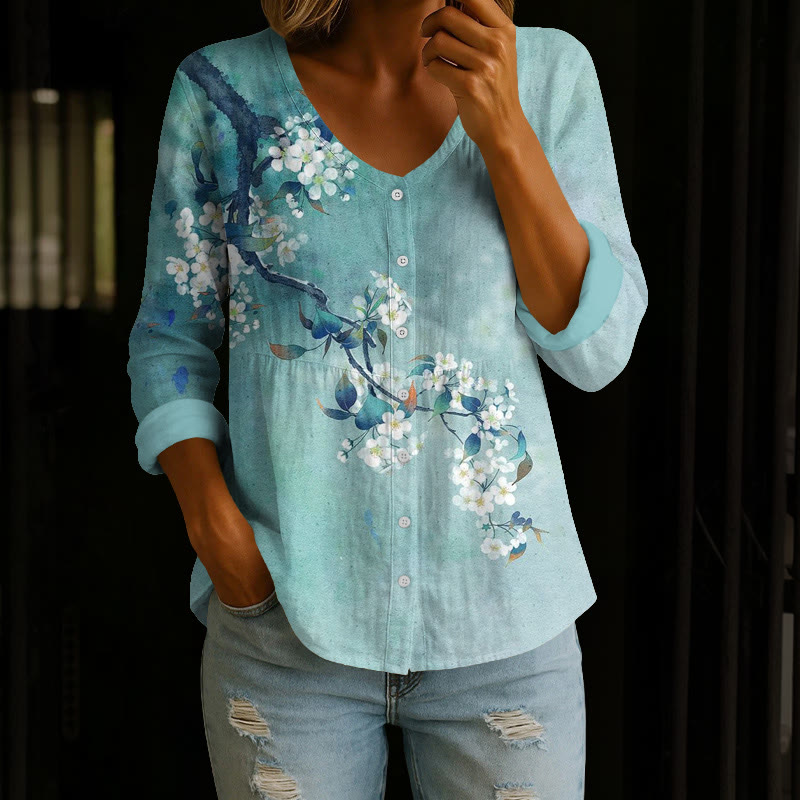 Japanese Antique Pear Blossom Ink Painting Print Button V-neck A-line Long Sleeve Blouse - Green - 4XL - image 1