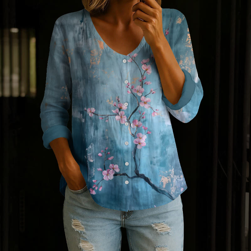 Retro Peach Blossom Oil Painting Print Button V-neck A-line Long Sleeve Blouse - Blue - 4XL - image 1