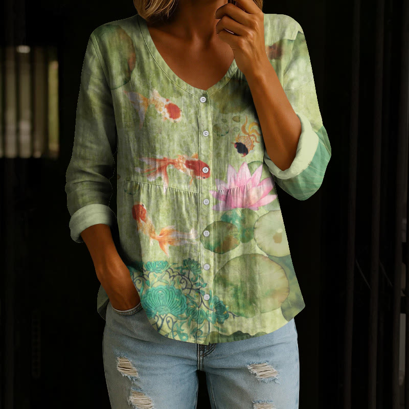 Japanese Goldfish And Lotus Print Button V-neck A-line Long Sleeve Blouse - Green - 4XL - image 1