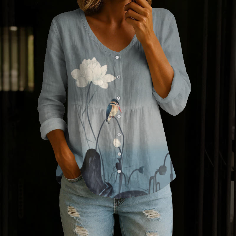 Vintage Birds And Flowers Print Button V-neck A-line Long Sleeve Blouse - Grey - 4XL - image 1