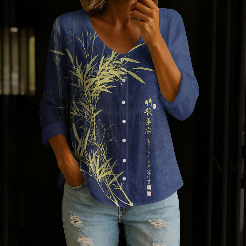 Vintage Watercolor Bamboo Pattern Print Button V-neck A-line Long Sleeve Blouse - Blue - 4XL - image 1