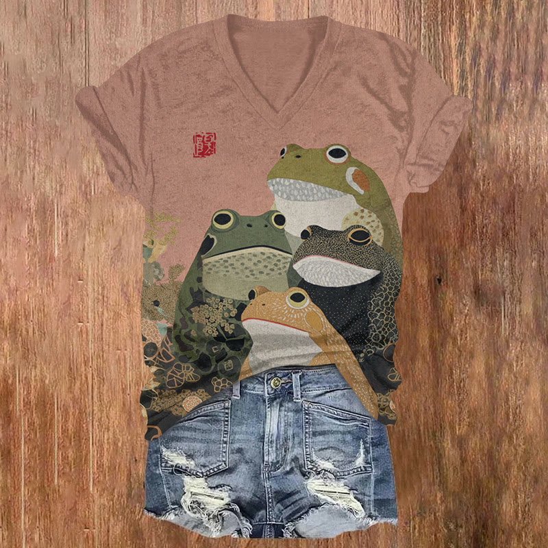 Japanese Retro Frogs Pattern Print Short Sleeved V-neck T-shirt - Pink - US32-34(5XL) - image 1