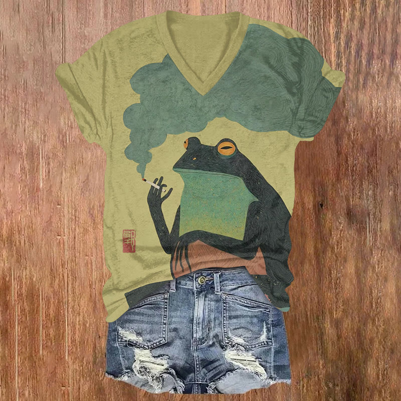 Japanese Retro Smoking Frog Pattern Print Short Sleeved V-neck T-shirt - Olive Yellow - US32-34(5XL) - image 1
