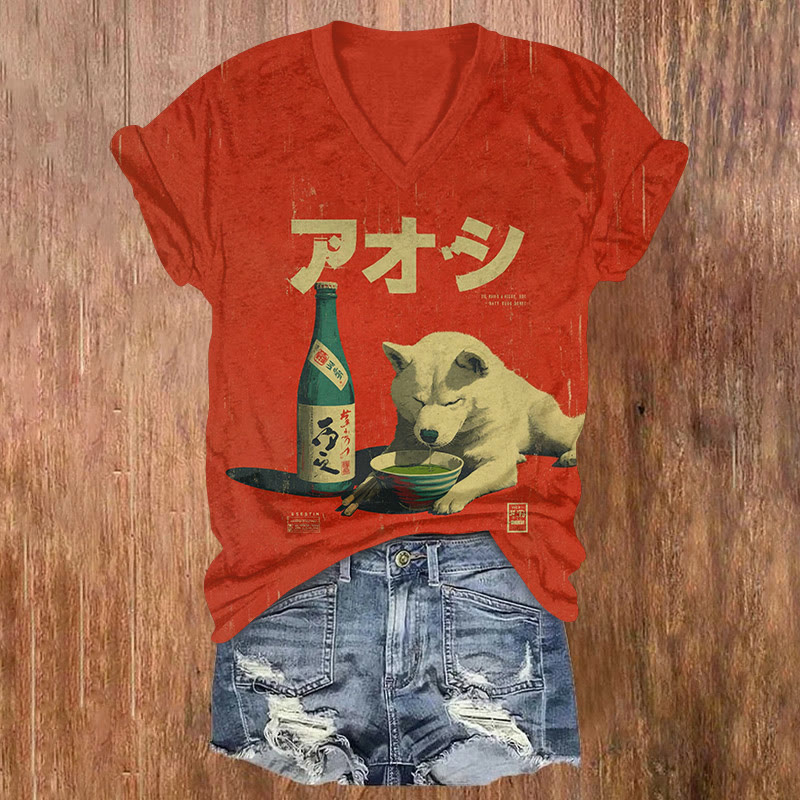 Japanese Retro The Drunken Dog Pattern Print Short Sleeved V-neck T-shirt - Red - US32-34(5XL) - image 1