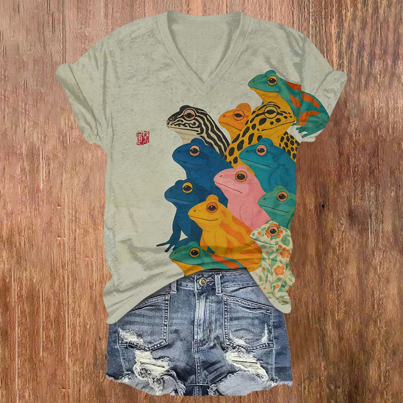 Japanese Retro  Rainbow Frogs Pattern Print Short Sleeved V-neck T-shirt - Warm Grey - US32-34(5XL) - image 1
