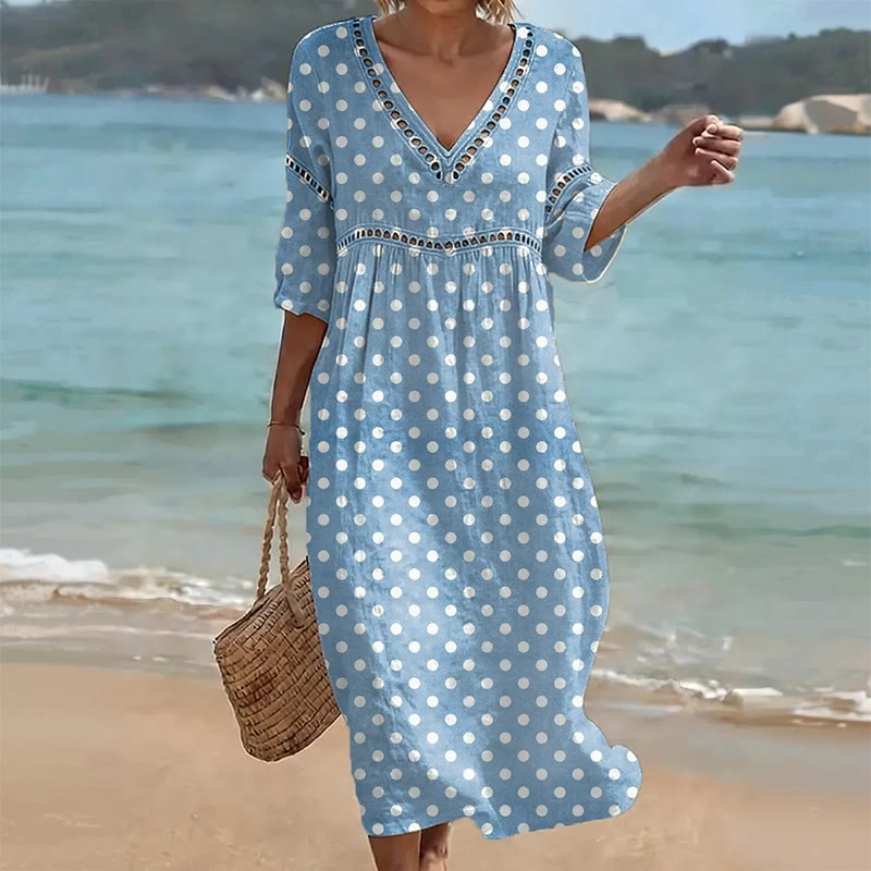 Boho Floral Print V-neck Mid Dress - Blue-White - XXL - image 3