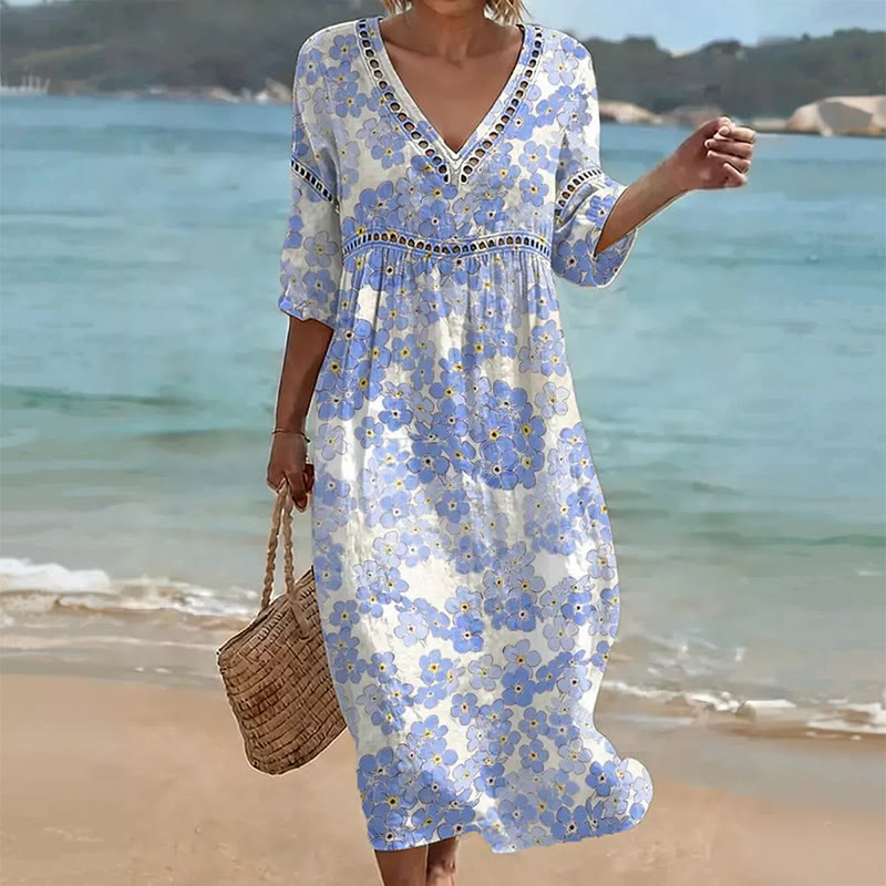 Boho Floral Print V-neck Mid Dress - Blue - XXL - image 8