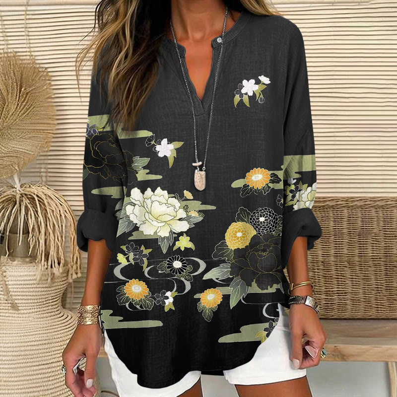 Japanese Vintage Peonies And Chrysanthemums Kimono Pattern Print V Neck Long Sleeve Blouse - Black - 8XL - image 1