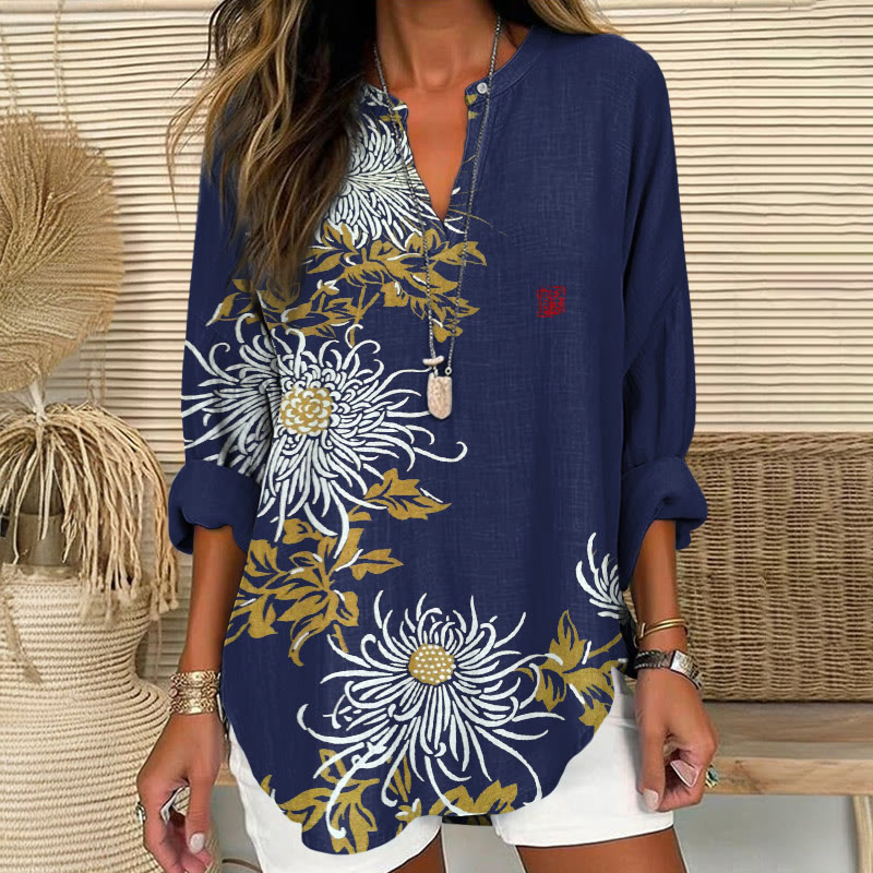 Japanese Vintage Chrysanthemum Pattern Print V Neck Long Sleeve Blouse - Blue - 8XL - image 1
