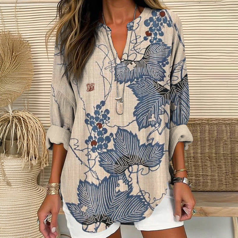 Japanese Grapevines Pattern Print V Neck Long Sleeve Blouse - Apricot - 8XL - image 2