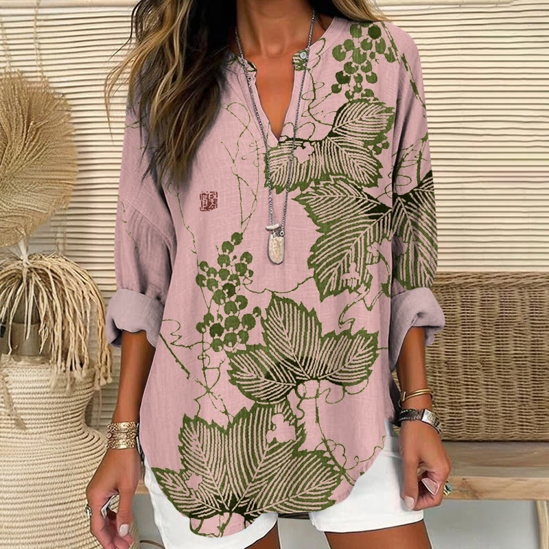 Japanese Grapevines Pattern Print V Neck Long Sleeve Blouse - Pink - 8XL - image 1