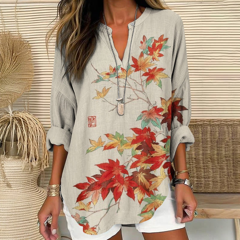 Japanese Red Maple Leaves Pattern Print V Neck Long Sleeve Blouse - Apricot - 8XL - image 1