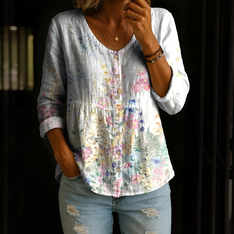 Vintage Watercolor Spring And Summer Wildflowers Art Print Button V-neck A-line Long Sleeve Blouse - White - 4XL - image 1