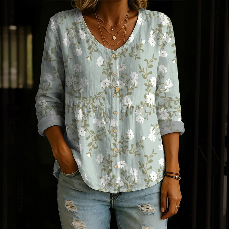 Vintage Flowering Vines Art Print Button V-neck A-line Long Sleeve Blouse - Light Green - 4XL - image 1